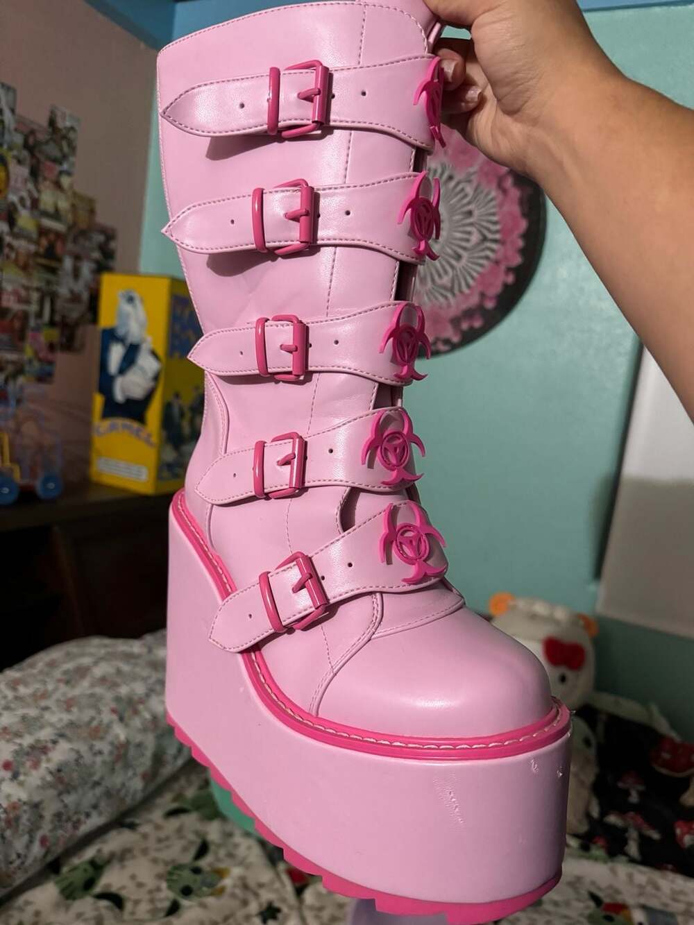YRU Dune Toxic Pink Platform Wedge Boots with Biohazard Buckles